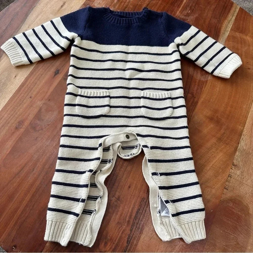 BABY GAP Baby Boy 6-12M Brannan Knit Jumpsuit‎ Navy Cream Stripe Preppy